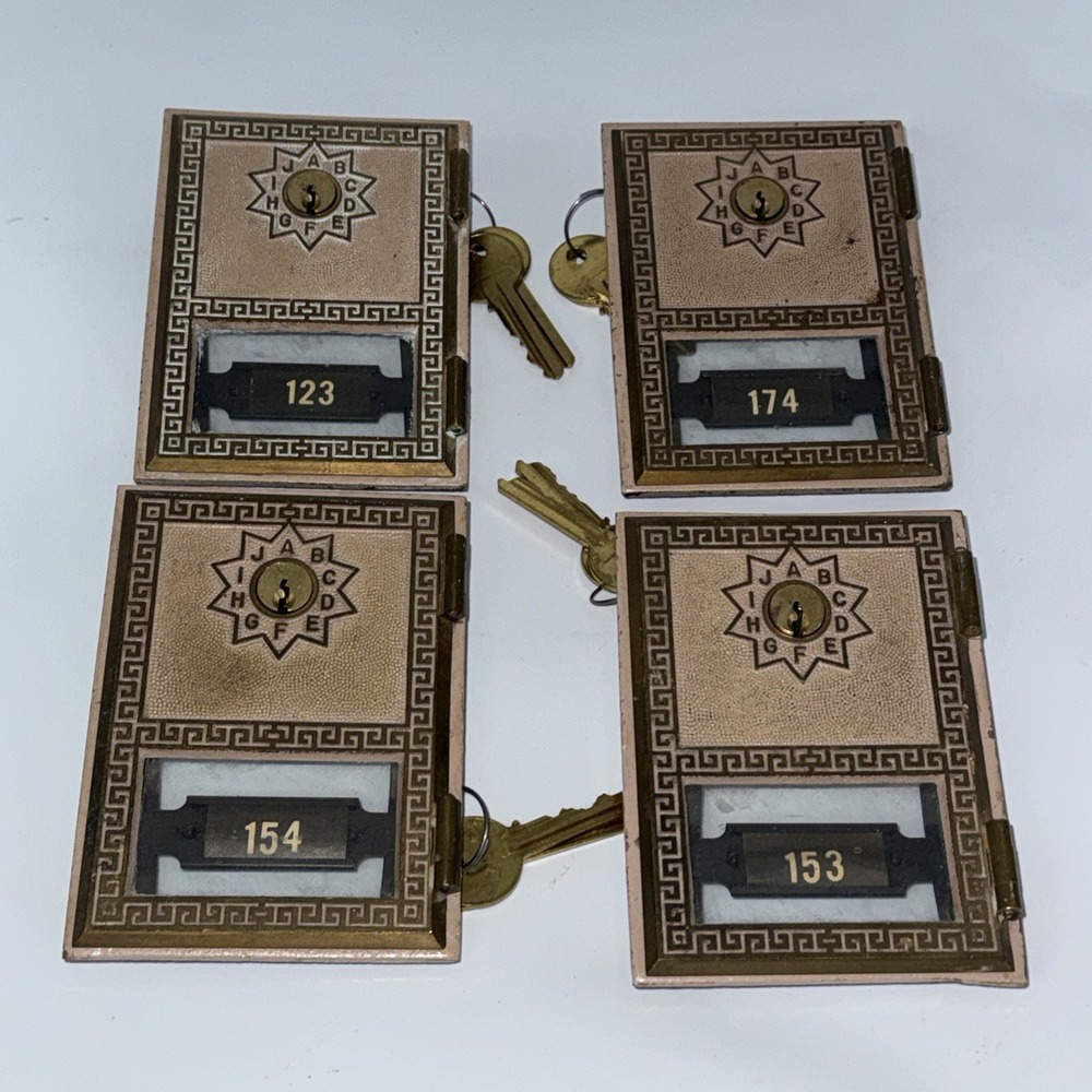 Lot Of 4 1969 ORO Brass US Post Office Mailbox Door Bronze 5″ x 3-3/4″ With Keys